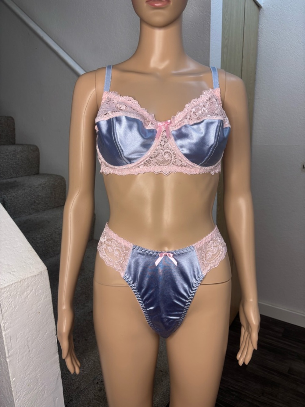 Agent Provocateur Blue Satin Bra and Briefs with Pink Lace